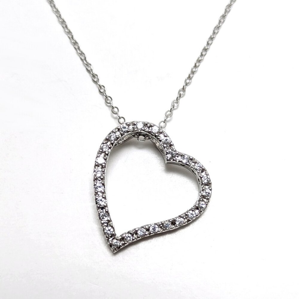 925 Sterling Silver Pave Crystal Asymmetric Heart Necklace Elegant Sweet 17.5"